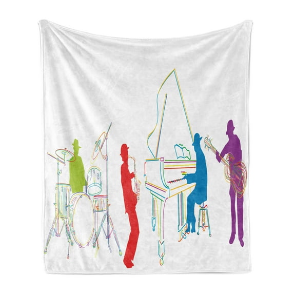 Music Soft Flannel Fleece Blanket, Vibrant Colored Jazz Band Instruments Modern Illustration Retro Style Music Art Print, Cozy Plush for Indoor and Outdoor Use, 50" x 70", Multicolor, by Ambesonne