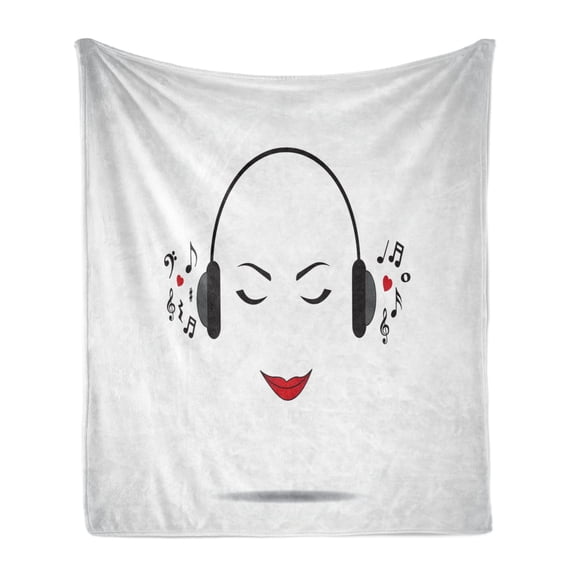 Music Soft Flannel Fleece Blanket, Young Lady Listening to Music Earphones Smiling Close Eyed Girl Enjoy Melody Theme, Cozy Plush for Indoor and Outdoor Use, 50" x 60", Black White, by Ambesonne