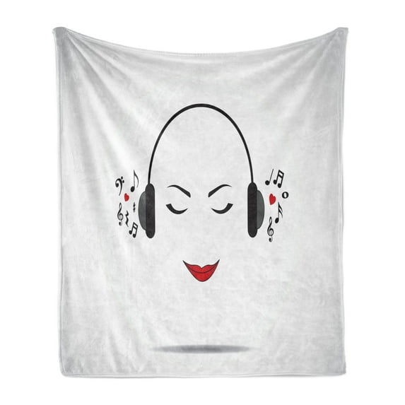 Music Soft Flannel Fleece Blanket, Young Lady Listening to Music Earphones Smiling Close Eyed Girl Enjoy Melody Theme, Cozy Plush for Indoor and Outdoor Use, 60" x 80", Black White, by Ambesonne