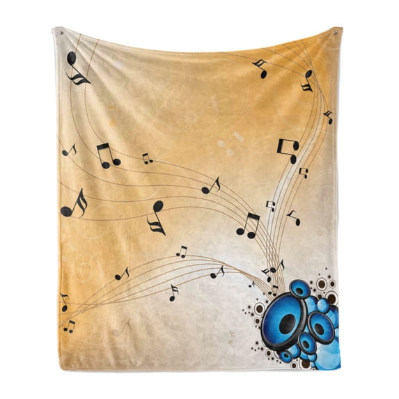 Music Soft Flannel Fleece Throw Blanket, Abstract Artwork Melodies Flying Notes Speakers and Sound Illustration, Cozy Plush for Indoor and Outdoor Use, 50" x 60", Black Blue Sand Brown, by Ambesonne