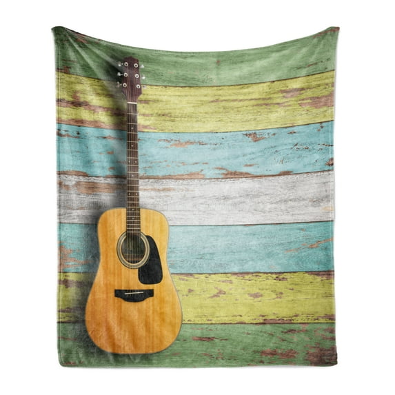 Music Soft Flannel Fleece Throw Blanket, Acoustic Guitar on Colorful Painted Aged Wooden Planks Rustic Country Design Print, Cozy Plush for Indoor and Outdoor Use, 70" x 90", Multicolor, by Ambesonne