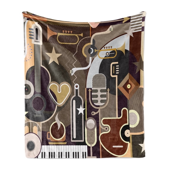 Music Soft Flannel Fleece Throw Blanket, Art Composition with Different Musical Instruments Stars Drinks in Abstract Style, Cozy Plush for Indoor and Outdoor Use, 60" x 80", Multicolor, by Ambesonne