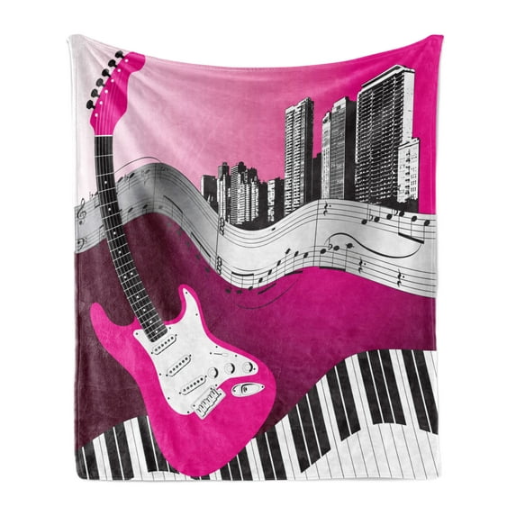 Music Soft Flannel Fleece Throw Blanket, Bass Guitar Keyboard Urban Rock Backdrop Rhythm of City Illustration, Cozy Plush for Indoor and Outdoor Use, 60" x 80", Hot Pink Pale Grey Black, by Ambesonne