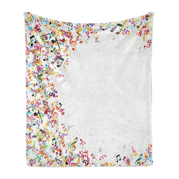 Music Soft Flannel Fleece Throw Blanket, Colorful Musical Notes Frame Festival Singing Enjoyment Fashion Themed Print, Cozy Plush for Indoor and Outdoor Use, 70" x 90", Multicolor, by Ambesonne