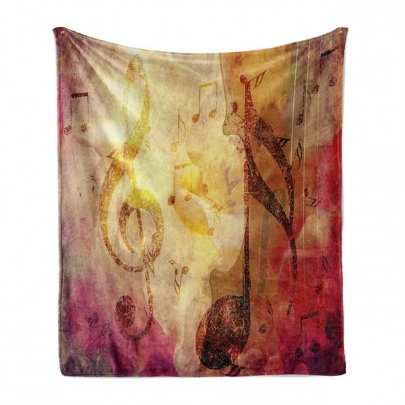 Music Soft Flannel Fleece Throw Blanket, Composition with Musical Themes Notes and Clef Design Colorful Grunge Illustration, Cozy Plush for Indoor and Outdoor Use, 50" x 60", Multicolor, by Ambesonne