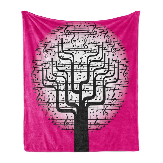 Music Soft Flannel Fleece Throw Blanket, Composition Tree Nature Harmony Rhythm Illustration, Cozy Plush for Indoor and Outdoor Use, 60" x 80", Hot Pink Black White, by Ambesonne