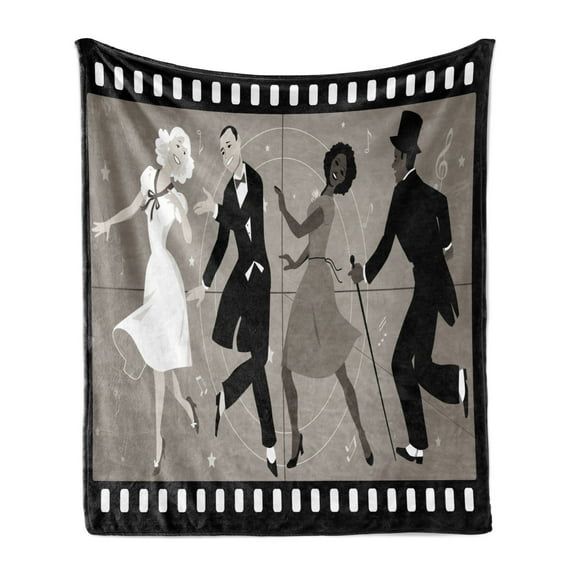 Music Soft Flannel Fleece Throw Blanket, Dancing Nostalgic Gentleman Ladies Enjoying 40's Style Film Design, Cozy Plush for Indoor and Outdoor Use, 70" x 90", Dark Eggshell Multicolor, by Ambesonne