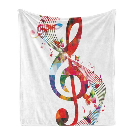 Music Soft Flannel Fleece Throw Blanket, Fantasy Theme Musical Notes Rhythm Song Ornamental in Vibrant Colors Artwork, Cozy Plush for Indoor and Outdoor Use, 50" x 70", Multicolor, by Ambesonne