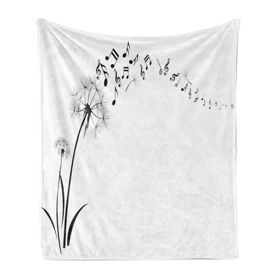 Music Soft Flannel Fleece Throw Blanket, Flying Dandelions Notes Summer Spring Meadow Silhouette Softness Simple Print, Cozy Plush for Indoor and Outdoor Use, 70" x 90", Black White, by Ambesonne