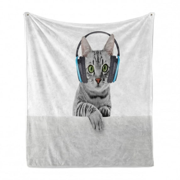 Music Soft Flannel Fleece Throw Blanket, Funny Short Hair Cat Listening to Headphones Kitten Animal Art Print, Cozy Plush for Indoor and Outdoor Use, 50" x 70", Grey White, by Ambesonne