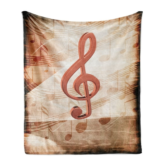 Music Soft Flannel Fleece Throw Blanket, Grunge Design Abstract Notes Melody Art, Cozy Plush for Indoor and Outdoor Use, 70" x 90", Champagne Burnt Sienna, by Ambesonne