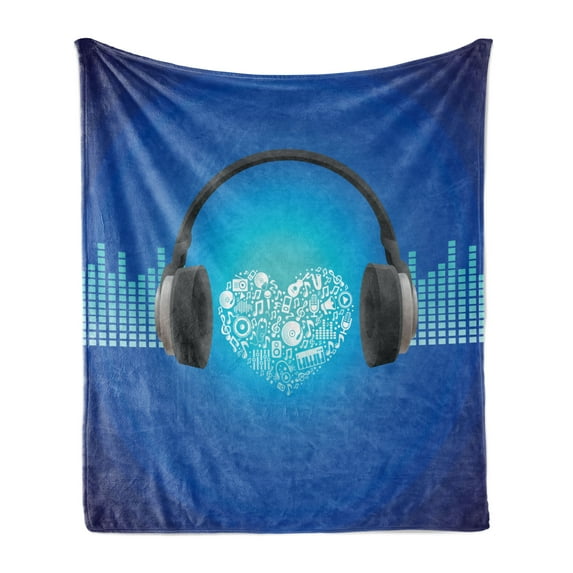 Music Soft Flannel Fleece Throw Blanket, Headphones Earphones Heart Shape Disk on Circular Geometrical Background, Cozy Plush for Indoor and Outdoor Use, 50" x 70", Royal Blue and Grey, by Ambesonne