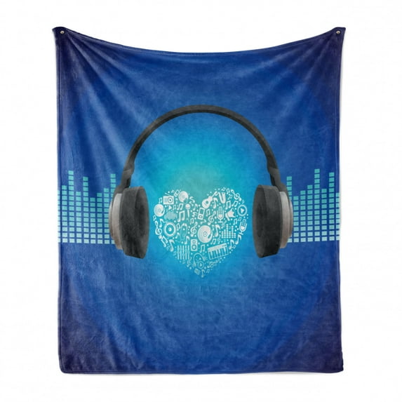Music Soft Flannel Fleece Throw Blanket, Headphones Earphones Heart Shape Disk on Circular Geometrical Background, Cozy Plush for Indoor and Outdoor Use, 60" x 80", Royal Blue and Grey, by Ambesonne