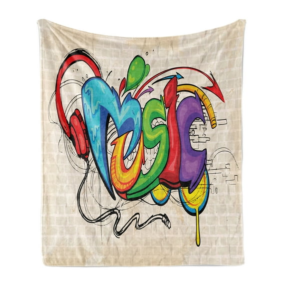 Music Soft Flannel Fleece Throw Blanket, Illustration of Graffiti Style Lettering Headphones Hip Hop Theme on Beige Bricks, Cozy Plush for Indoor and Outdoor Use, 50" x 60", Multicolor, by Ambesonne