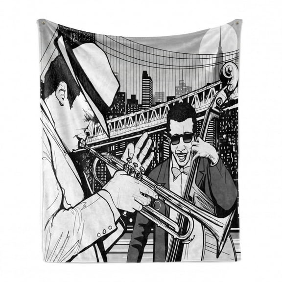 Music Soft Flannel Fleece Throw Blanket, Illustration of Jazz Band Playing the Blues in New York in Moonlight Retro Design, Cozy Plush for Indoor and Outdoor Use, 50" x 70", Black White, by Ambesonne