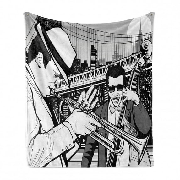 Music Soft Flannel Fleece Throw Blanket, Illustration of Jazz Band Playing the Blues in New York in Moonlight Retro Design, Cozy Plush for Indoor and Outdoor Use, 50" x 70", Black White, by Ambesonne