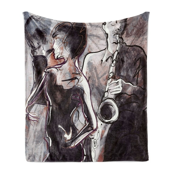 Music Soft Flannel Fleece Throw Blanket, Illustration of Jazz Man Playing the Saxophone with Dancers Classic Design, Cozy Plush for Indoor and Outdoor Use, 50" x 70", Pink Black White, by Ambesonne