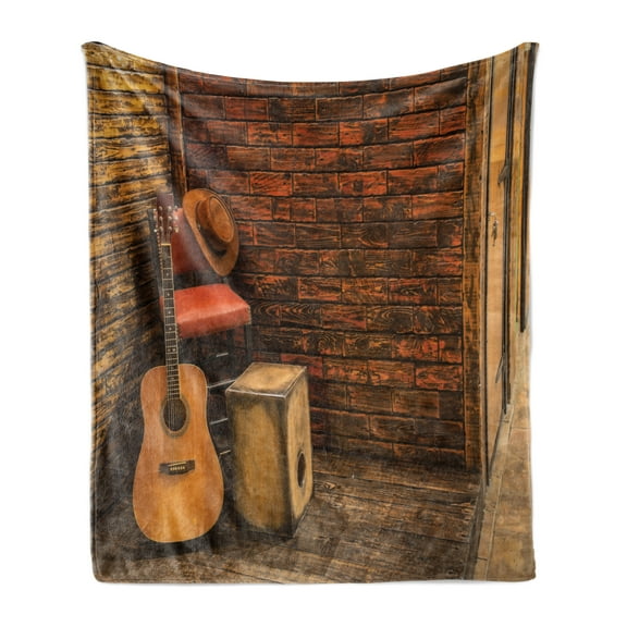 Music Soft Flannel Fleece Throw Blanket, Music Instruments on Wooden Stage in Pub Beverage Cafe Counter Bar, Cozy Plush for Indoor and Outdoor Use, 60" x 80", Dark Orange Sand Brown, by Ambesonne