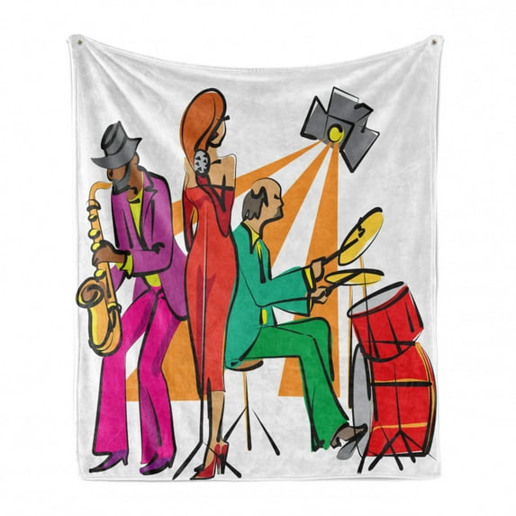 Music Soft Flannel Fleece Throw Blanket, Jazz Band Playing on the Stage with Singer and Illustration of Neon Artwork Print, Cozy Plush for Indoor and Outdoor Use, 50" x 60", Multicolor, by Ambesonne