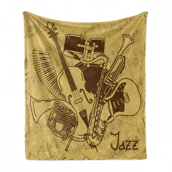 Music Soft Flannel Fleece Throw Blanket, Jazz Music Equipments with Vintage Background Retro Style in Music Themed Print, Cozy Plush for Indoor and Outdoor Use, 60" x 80", Cream Brown, by Ambesonne