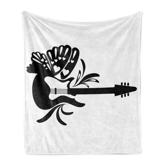 Music Soft Flannel Fleece Throw Blanket, Monochromatic Simple Design Electric Guitar and Feathers with Hearts, Cozy Plush for Indoor and Outdoor Use, 50" x 60", Charcoal Grey and White, by Ambesonne