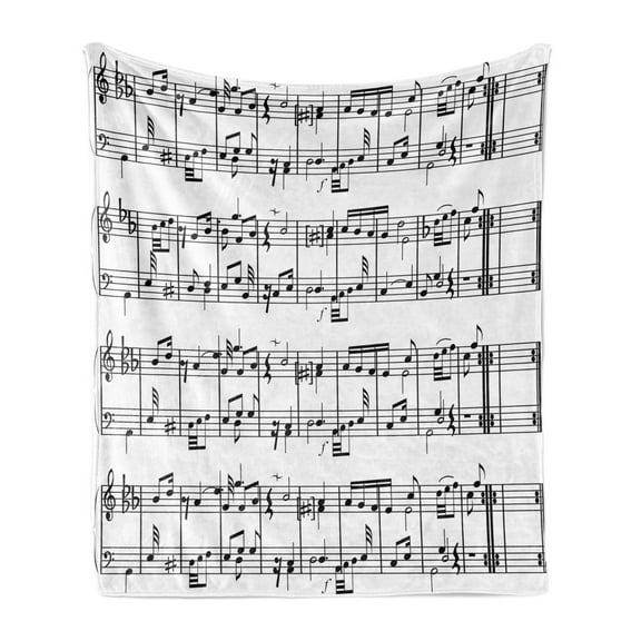 Music Soft Flannel Fleece Throw Blanket, Musical Notes on the Clef Illustration Ornamental Pattern Artwork Print, Cozy Plush for Indoor and Outdoor Use, 70" x 90", Black and White, by Ambesonne