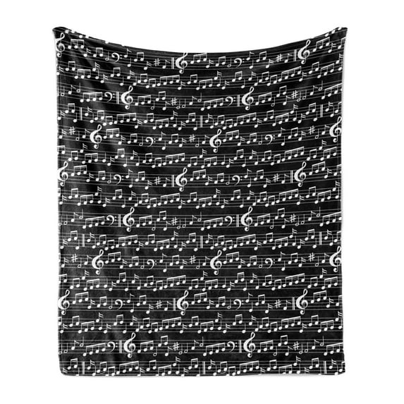 Music Soft Flannel Fleece Throw Blanket, Musical Notes and Clef Sheet Pattern in Abstract Style Print, Cozy Plush for Indoor and Outdoor Use, 50" x 60", Black and White, by Ambesonne