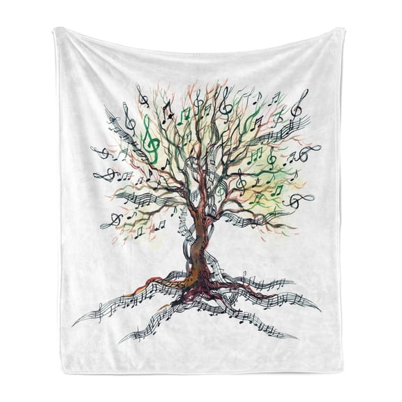 Music Soft Flannel Fleece Throw Blanket, Musical Tree Autumnal Clef Trunk Swirl Nature Illustration Leaves Creative Design, Cozy Plush for Indoor and Outdoor Use, 60" x 80", Multicolor, by Ambesonne