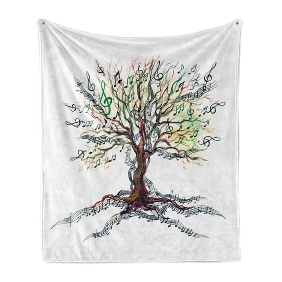 Music Soft Flannel Fleece Throw Blanket, Musical Tree Autumnal Clef Trunk Swirl Nature Illustration Leaves Creative Design, Cozy Plush for Indoor and Outdoor Use, 70" x 90", Multicolor, by Ambesonne