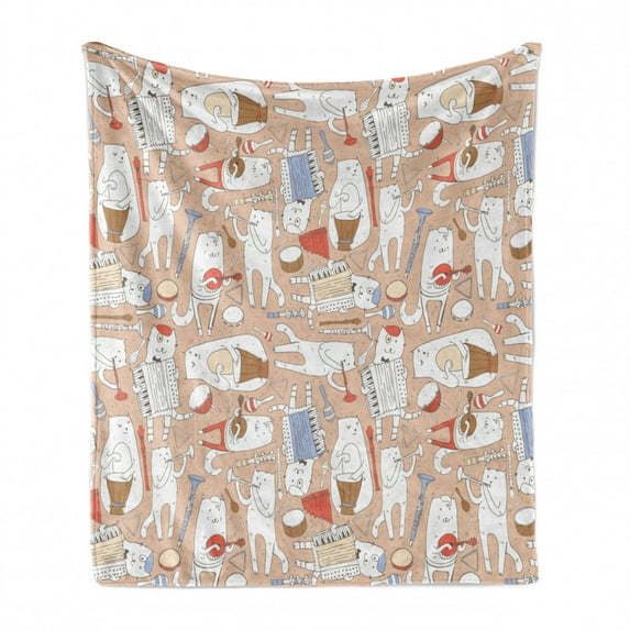 Music Soft Flannel Fleece Throw Blanket, Musician Cats with Drum Accordion Tube Guitar Music Theme Pattern, Cozy Plush for Indoor and Outdoor Use, 50" x 70", Warm Taupe White, by Ambesonne