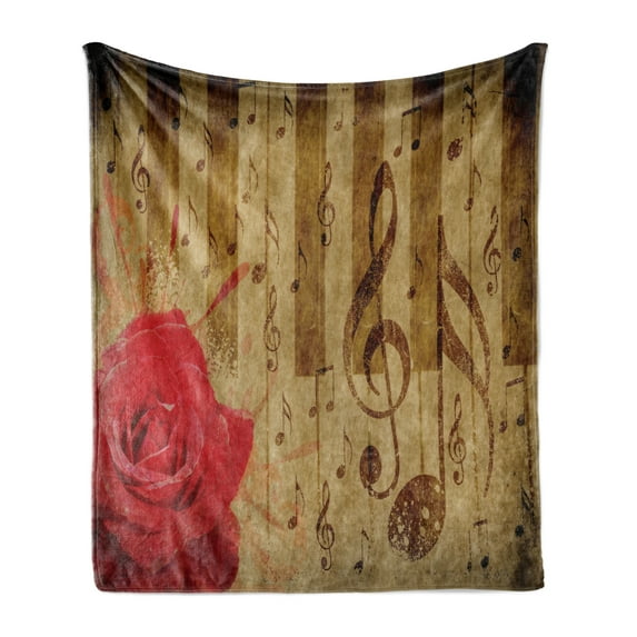 Music Soft Flannel Fleece Throw Blanket, Notes and Musical Symbols on Rustic Piano Keyboard Look Backdrop Romantic Rose, Cozy Plush for Indoor and Outdoor Use, 70" x 90", Brown and Red, by Ambesonne