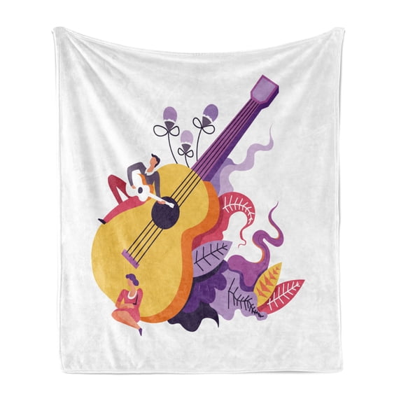 Music Soft Flannel Fleece Throw Blanket, Performance of a Guitarist Playing on Big Guitar with Floral Ornaments, Cozy Plush for Indoor and Outdoor Use, 50" x 70", Mustard and Multicolor, by Ambesonne