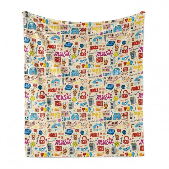Music Soft Flannel Fleece Throw Blanket, Retro Pop Art Style Music Casette Tapes Records Rock Headphones DJ Kids Image, Cozy Plush for Indoor and Outdoor Use, 50" x 60", Multicolor, by Ambesonne