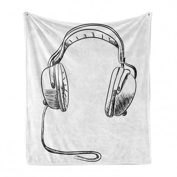 Music Soft Flannel Fleece Throw Blanket, Sketch Style Hand Drawn DJ Headphones Rhythm Radio Modern Hippie Art Illustration, Cozy Plush for Indoor and Outdoor Use, 70" x 90", Black White, by Ambesonne