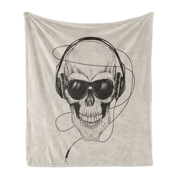 Music Soft Flannel Fleece Throw Blanket, Sketched Illustration of Grungy Retro Skull with Headphones Sunglasses, Cozy Plush for Indoor and Outdoor Use, 50" x 60", Charcoal Grey Eggshell, by Ambesonne