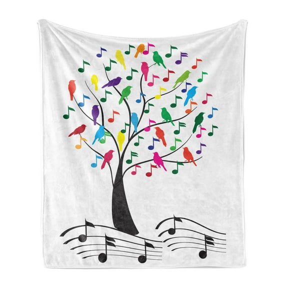 Music Soft Flannel Fleece Throw Blanket, Tree with Musical Notes and Birds on Branch Happy Jolly Celebrating Playful Style, Cozy Plush for Indoor and Outdoor Use, 70" x 90", Multicolor, by Ambesonne