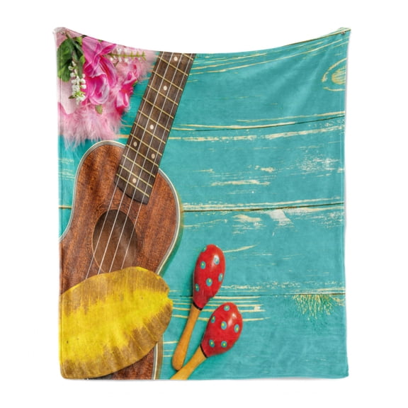 Music Soft Flannel Fleece Throw Blanket, Ukulele with Hawaii Style Background Wooden Classical Vacation, Cozy Plush for Indoor and Outdoor Use, 70" x 90", Yellow Brown Aqua, by Ambesonne