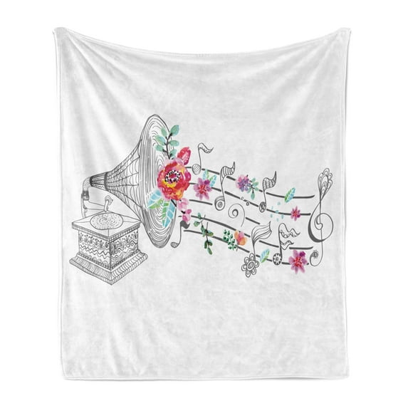 Music Soft Flannel Fleece Throw Blanket, Vintage Style Gramophone Record Player Floral Ornament Blossom Antique, Cozy Plush for Indoor and Outdoor Use, 60" x 80", Grey Black White, by Ambesonne