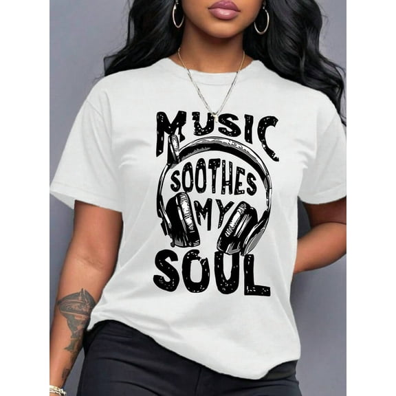'Music Soothes My Soul' Headset Graphic Tees Letter Slogan T-Shirt, Round Neck Short Sleeved Women Tops