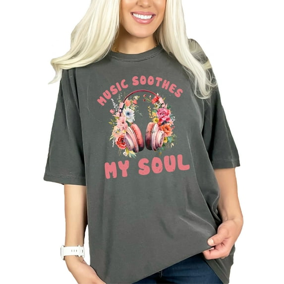 Music Soothes My Soul T-Shirt, Floral Headphones Graphic Tee, Inspirational Music Lover Gift, Trendy Casual Wear, Unique Shirt Gift, Pepper Comfort Colors T-Shirt, Large