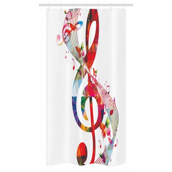 Music Stall Shower Curtain, Artwork with Musical Notes Rhythm Song Ornamental in Vibrant Colors Fantasy Theme, Fabric Bathroom Set with Hooks, 36W X 72L Inches Long, Multicolor, by Ambesonne