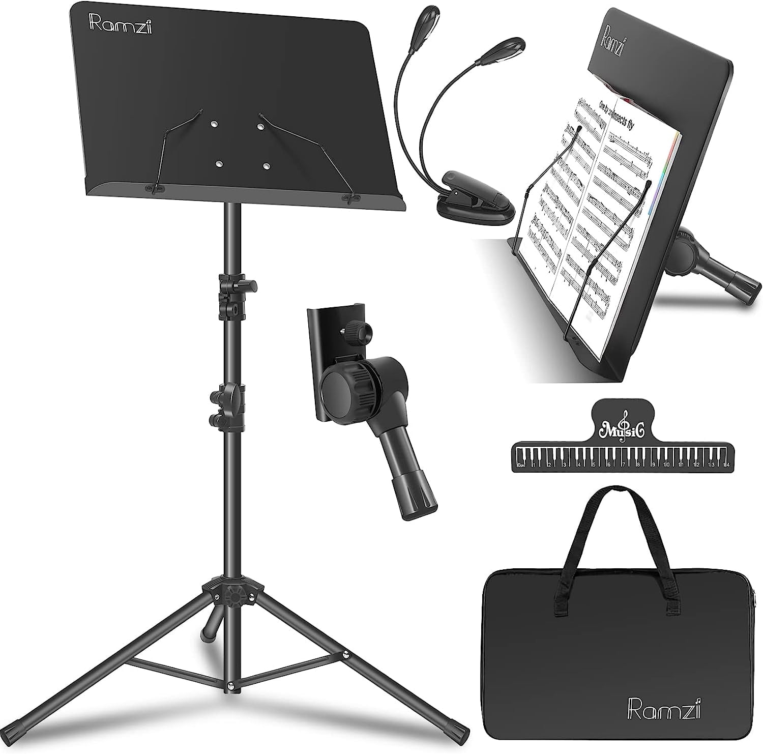 Music Stand For Sheet Music 5 In-1 Dual-Use Desktop Book Stand , Music Stand Light, Carrying Bag, Sheet Music Clip