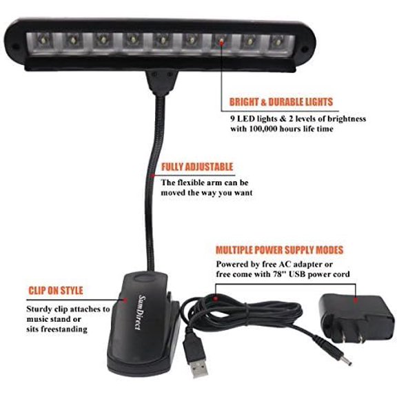 Music Stand Light - 9 LED Adjustable Clip on Piano Lights, USB and Battery Operated, Perfect for Piano, Book Reading, Orchestra, Podium, Easel