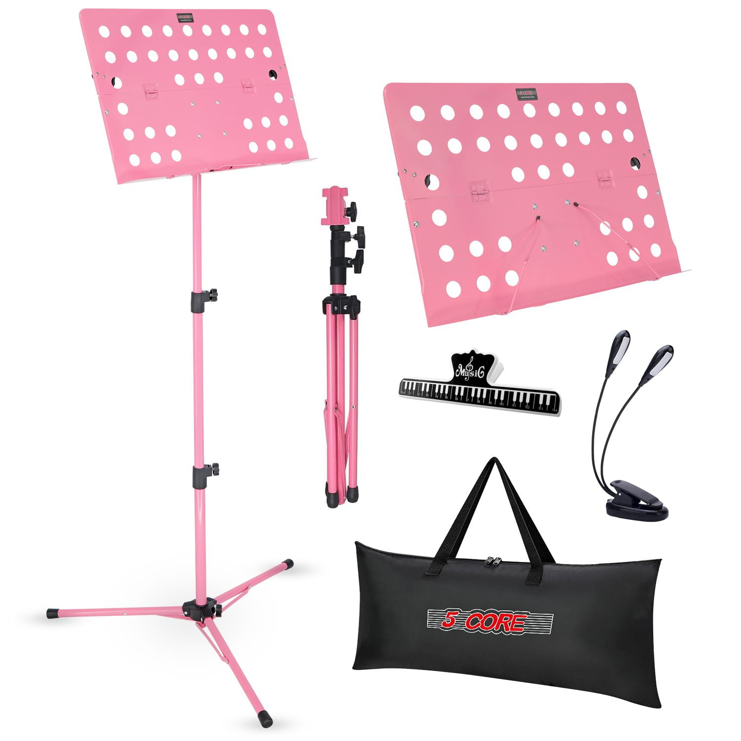 Music Stand For Sheet Music Height Adjustable Portable Folding Atril Para Partituras w Light Clip for Guitar Players Violinists Cellists Pianists - MUS FLD HD ACC PNK