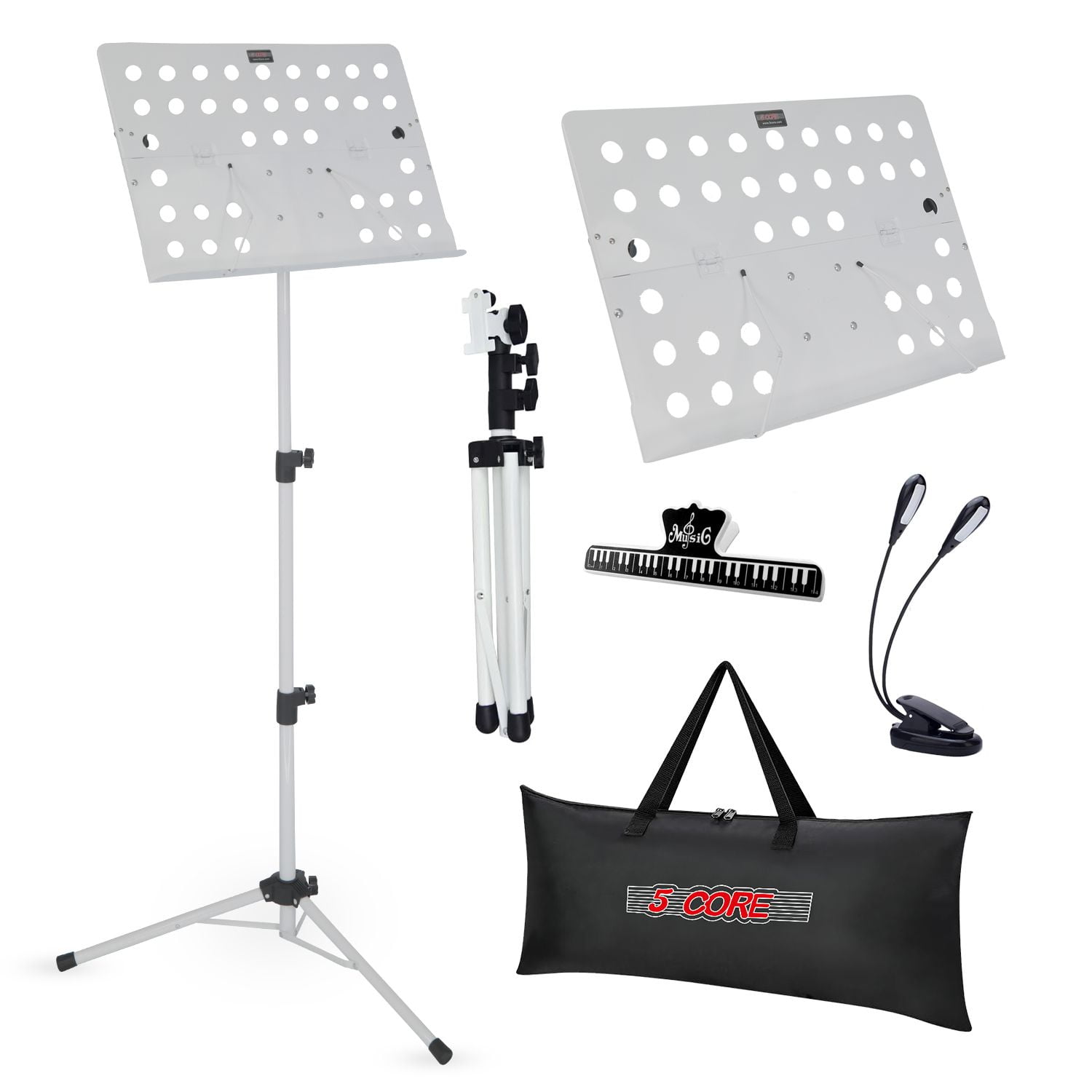 Music Stand For Sheet Music Height Adjustable Portable Folding Atril Para Partituras w Light Clip for Guitar Players Violinists Cellists Pianists - MUS FLD HD ACC WH