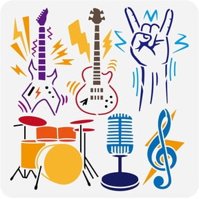 Music Stencil 11.8x11.8inch Reusable Rock Roll Musical Instruments Painting Template DIY Guitar Bass Drum Microphone Music Note Stencil for Painting on Wood Wall Fabric Furniture 1 pc
