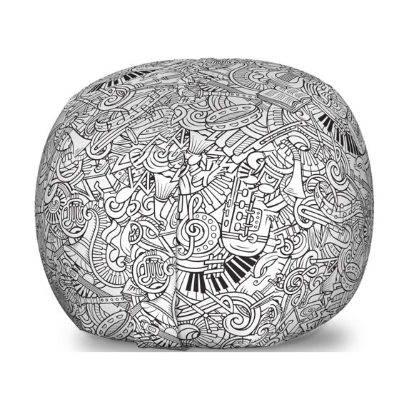 Music Storage Toy Bag Chair, Outline Monochromatic Doodle in Chaotic Design with Musical Themed Elements, Stuffed Animal Organizer Washable Bag, Small Size, Charcoal Grey White, by Ambesonne