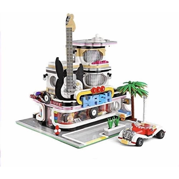 Music Store & Car Wash Street View Modular City Building Block Set, 2,168 Pieces with Light Kit Toys & Bricks GJ MSCW