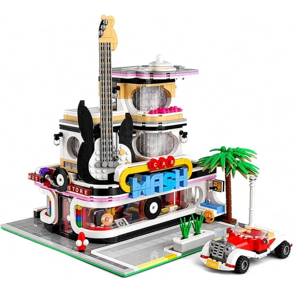 Music Store & Car Wash Street View Modular City Building Block Set, 2,168 Pieces with Light Kit Toys & Bricks