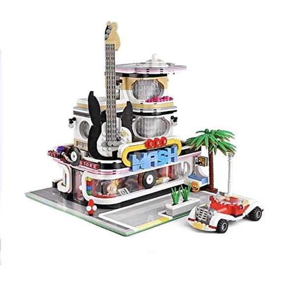 Music Store & Car Wash Street View Modular City Building Block Set, 2,168 Pieces with Light Kit Toys & Bricks